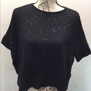QED London Black Poncho Like Cable Knit Sweater Sequins S/M Square Blouse
